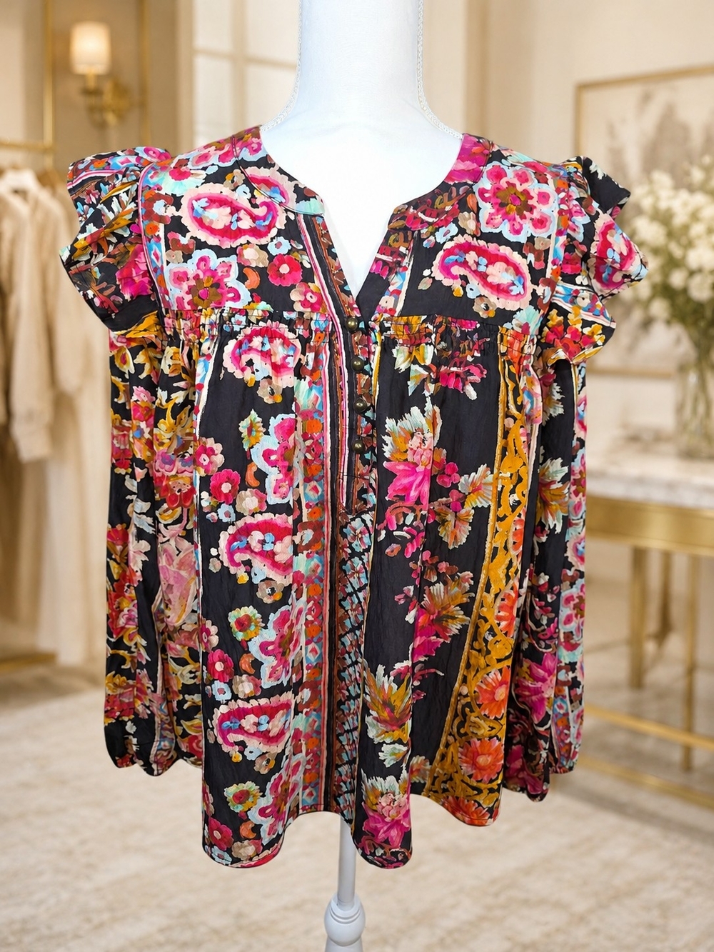 Floral Button-Front Peasant Blouse in Black and Pink - Picture 2 of 9